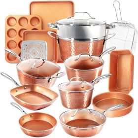 Hammered Copper Collection – 20 Piece Premium Pots and Pans Set Nonstick Ceramic Cookware + Bakeware Set