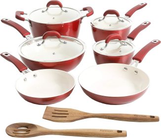 Nonstick Ceramic Coated Forged Aluminum Induction Cookware with Bakelite Handles, 12-Piece Set, Blue, Dishwasher safe (Color: Red)