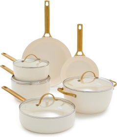 GreenPan Reserve Hard Anodized Healthy Ceramic Nonstick 10 Piece Cookware Pots and Pans Set, Gold Handle, PFAS-Free, (Color: Cream White 10pc)