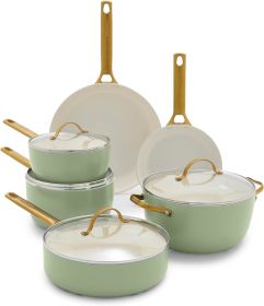 GreenPan Reserve Hard Anodized Healthy Ceramic Nonstick 10 Piece Cookware Pots and Pans Set, Gold Handle, PFAS-Free, (Color: Sage 10pc)