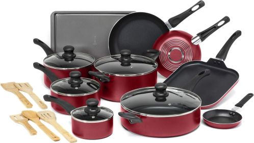 Easy Clean Nonstick Cookware Set, Dishwasher Safe Kitchen Pots and Pans Set, 20-Piece, Suitable for Gift Giving, Free Shipping (Color: Red)