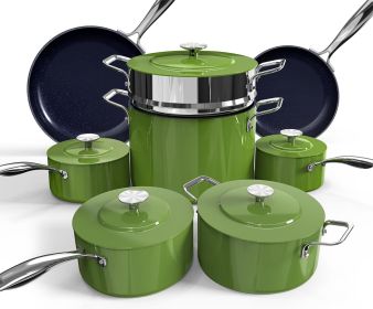 Lux 13pc Forged Lightweight Cookware Set PFAS Free, Healthy G10 Duralon Ceramic Coating, Ultra Non-Stick, Stay-Cool Handles (Color: Avocado)