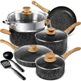 Pots and Pans Set Nonstick, Granite Non Stick Pots and Pan Set 8 Pcs, Non Toxic Pan Sets for Cooking Nonstick Cookware Set (Color: Black 12 Piece Class)