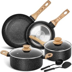 Pots and Pans Set Nonstick, Granite Non Stick Pots and Pan Set 8 Pcs, Non Toxic Pan Sets for Cooking Nonstick Cookware Set (Color: Black 8 Piece)