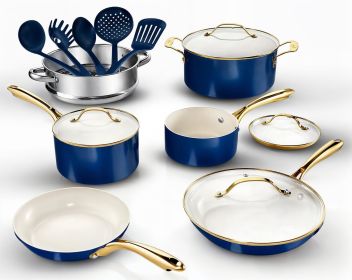 15 Pc Ceramic Pots and Pans Set Non Stick, Kitchen Cookware Sets, Ceramic Cookware Set, Non Toxic, Non Stick Pots, Cream White (Color: Cream Navy)