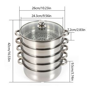 26/28/30/32cm 5 Tier Steame Cooker Steamer Pan Cook Food Veg Pot Stainless Steel Silver w/Glass Lid (Color: 26cm)