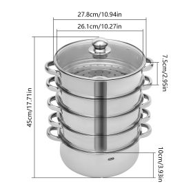 26/28/30/32cm 5 Tier Steame Cooker Steamer Pan Cook Food Veg Pot Stainless Steel Silver w/Glass Lid (Color: 28cm)